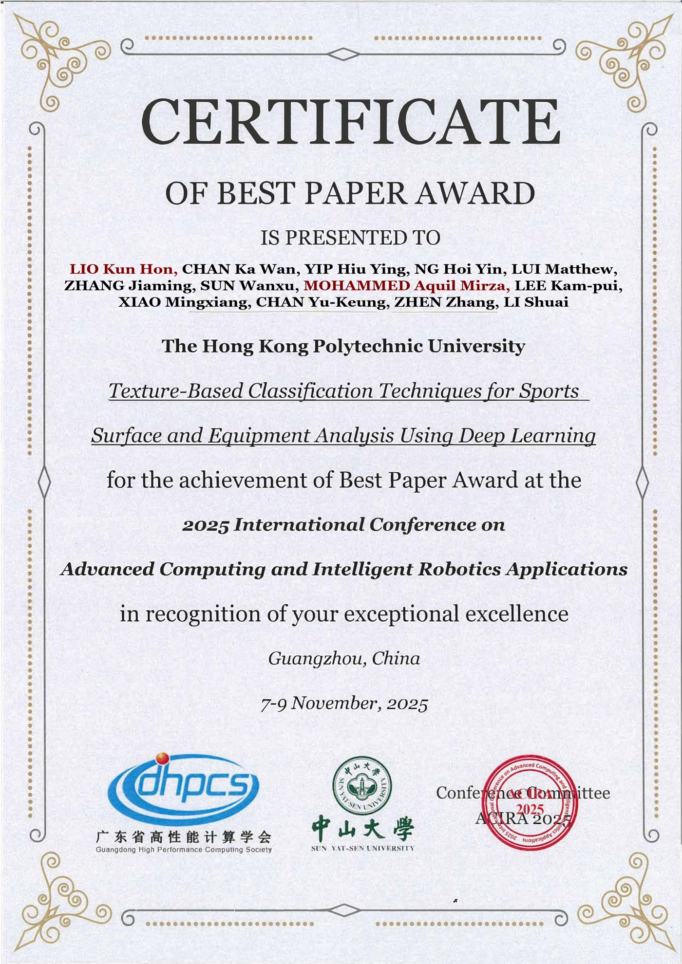 ICACIRA 2025 Best Paper Award: “Texture-Based Classification Techniques for Sports Surface and Equipment Analysis Using Deep Learning”