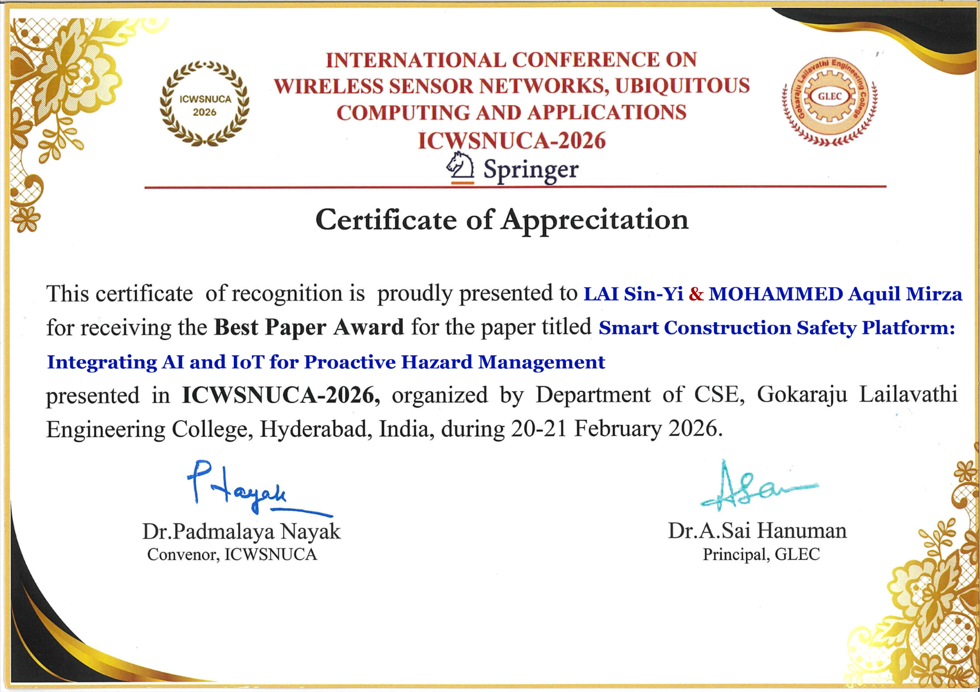 Springer ICWSNUCA 2026 Best Paper Award: “Smart Construction Safety Platform: Integrating AI and IoT for Proactive Hazard Management”
