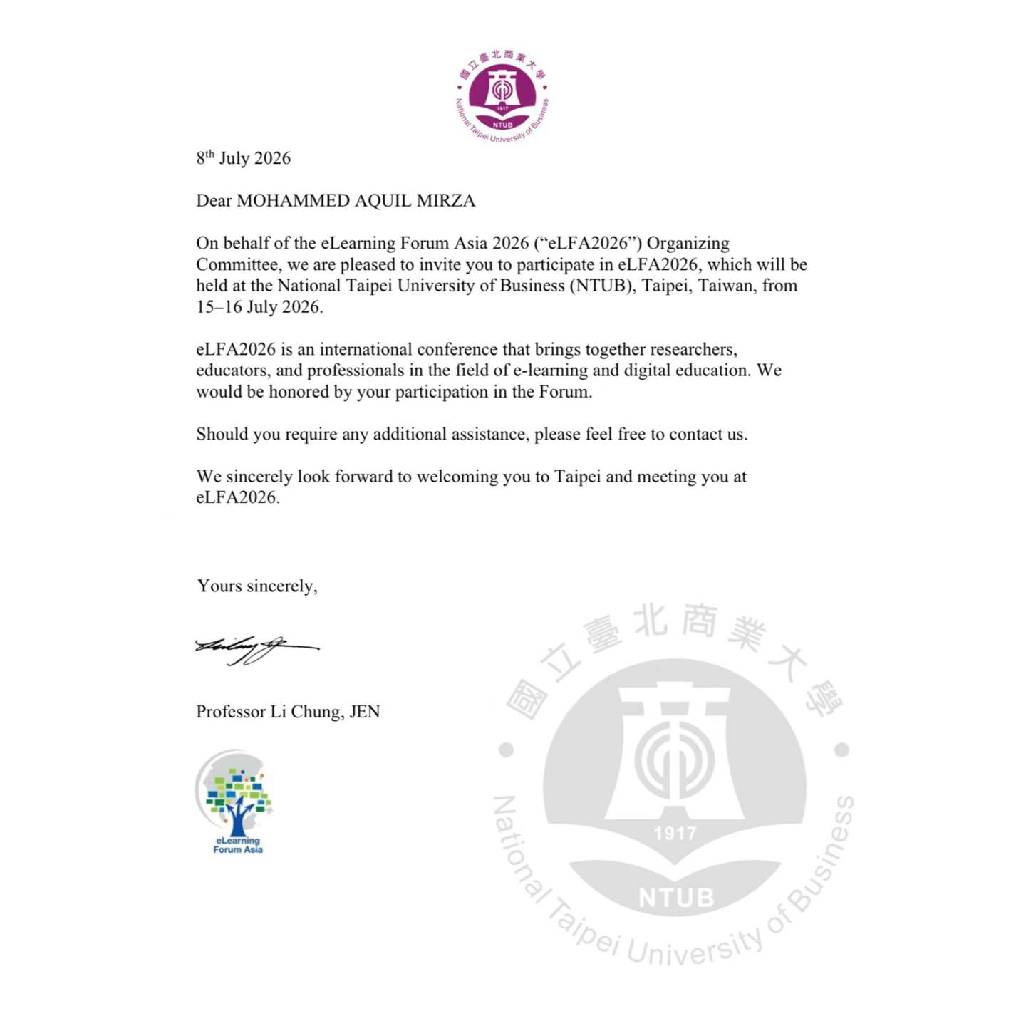 Invitation to eLearning Forum Asia 2026, National Taipei University of Business, Taiwan