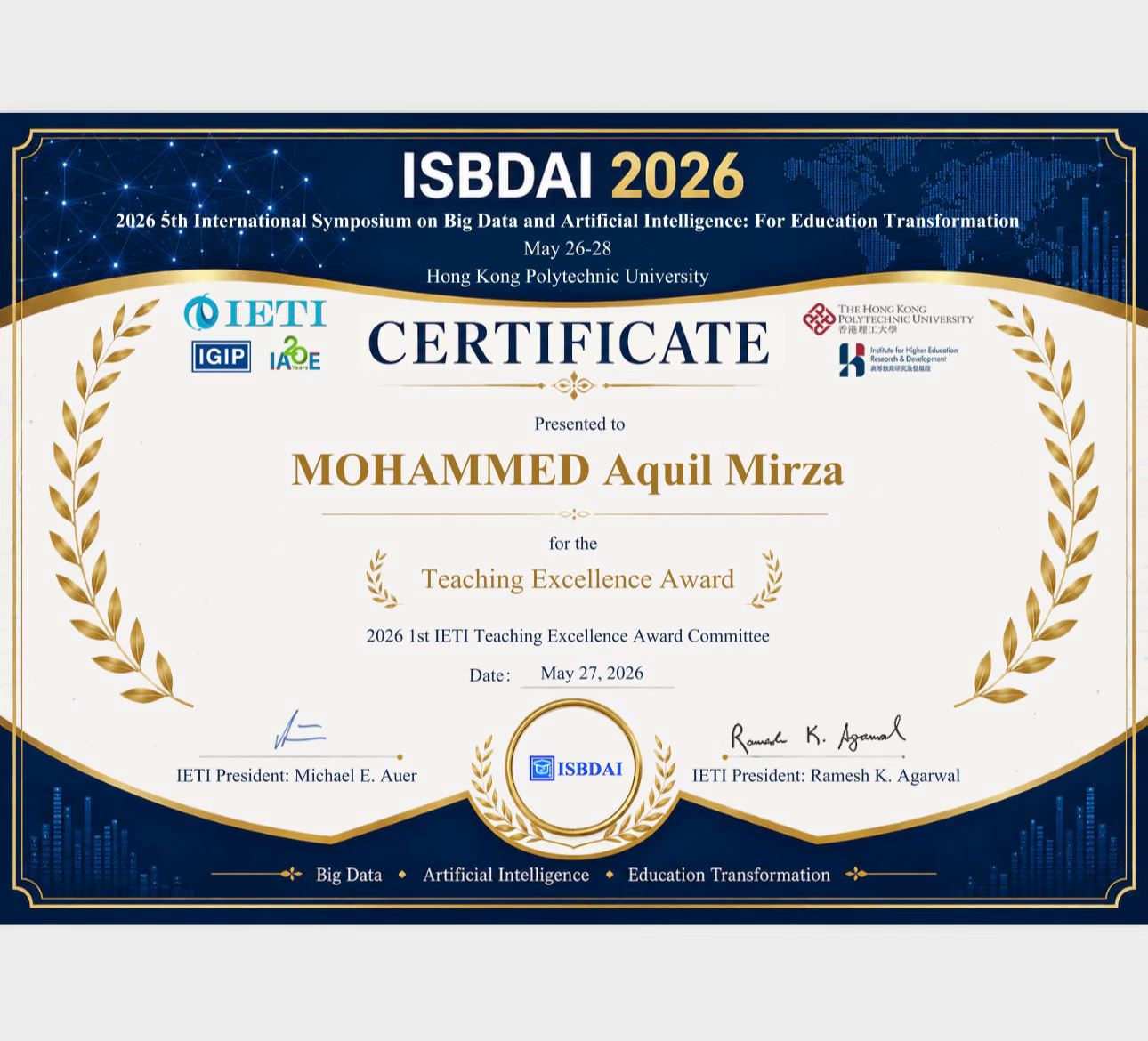IETI Teaching Excellence Award certificate, ISBDAI 2026
