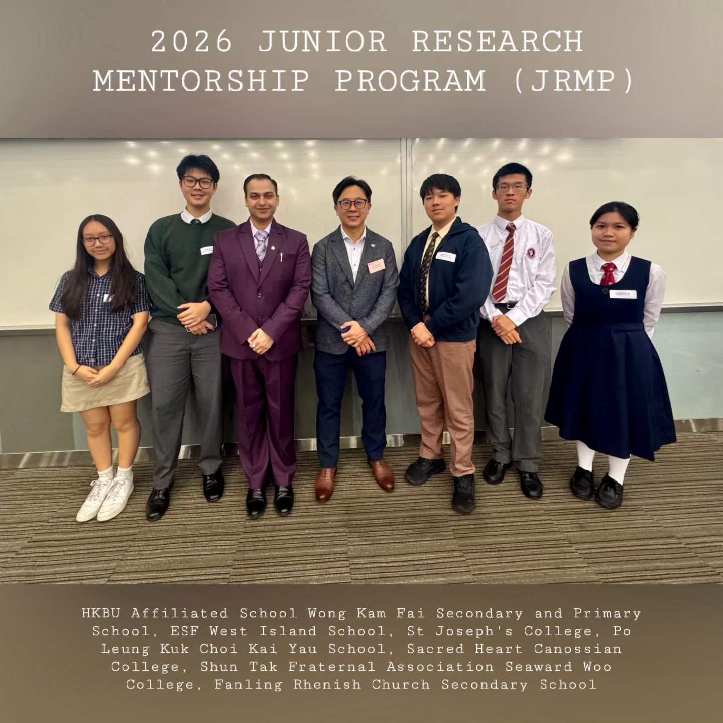Junior Research Mentorship Programme 2026 cohort — mentees from seven Hong Kong secondary schools