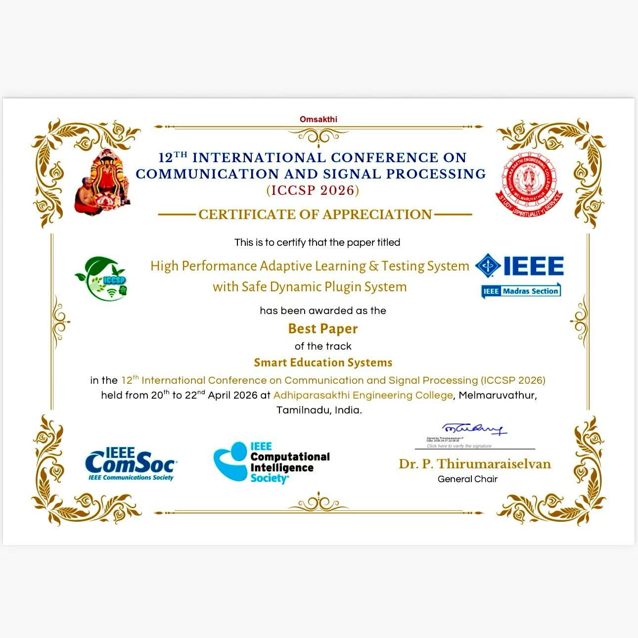 IEEE ICCSP 2026 Best Paper certificate — Smart Education Systems track, Tamilnadu, India