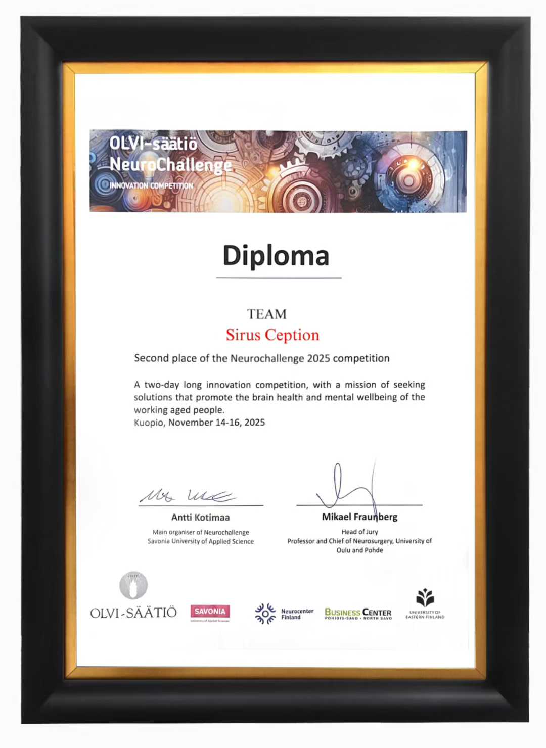 Second place diploma, OLVI-Säätiö NeuroChallenge 2025, Kuopio, Finland — team Sirus Ception
