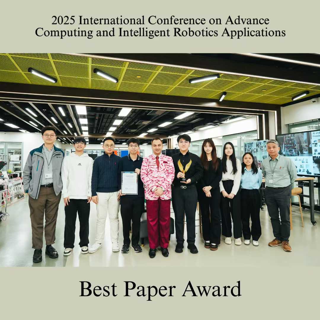 ICAIRCA 2025 Best Paper Award — group photo with the mentored student team