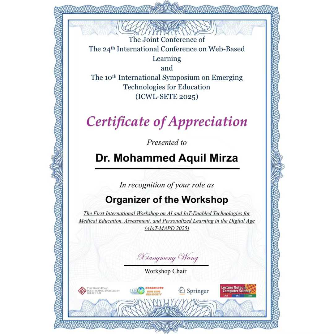 Organizer of the AIoT-MAPD 2025 workshop on AI and IoT-enabled technologies for medical education — ICWL-SETE 2025 (Springer)