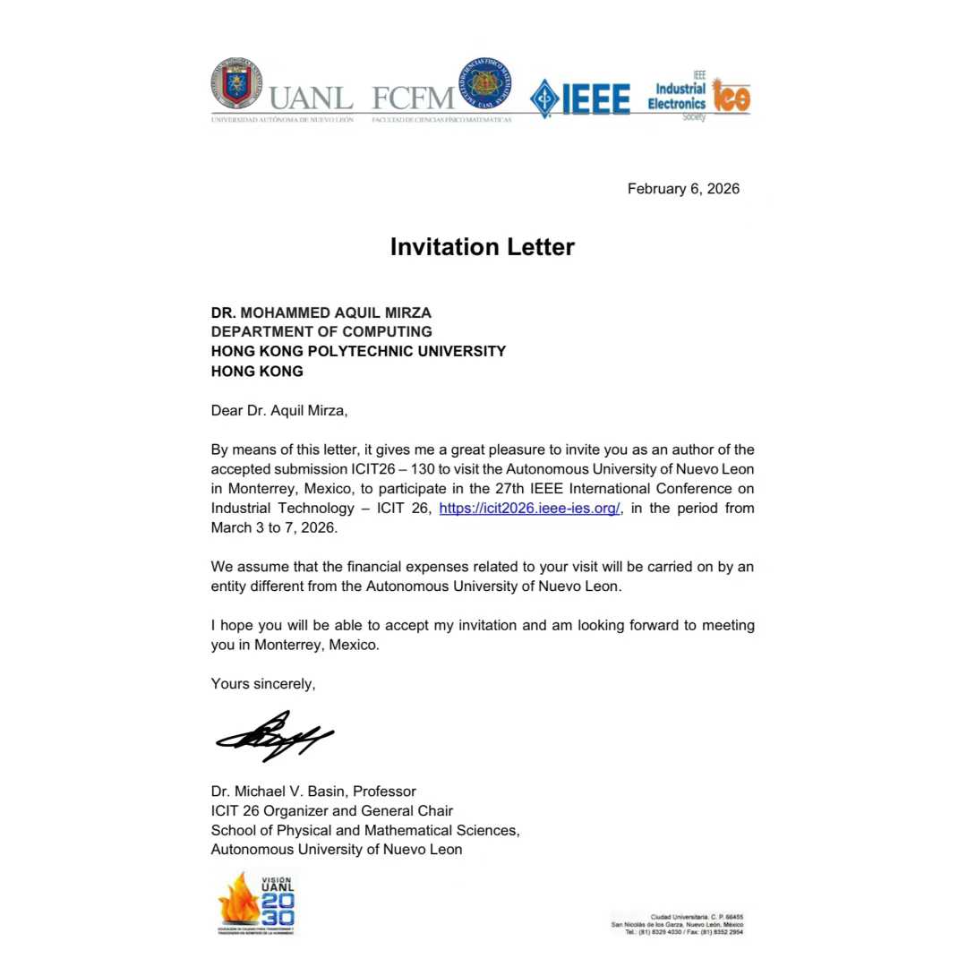 Invitation as author of an accepted paper — 27th IEEE International Conference on Industrial Technology (ICIT 2026), Monterrey, Mexico