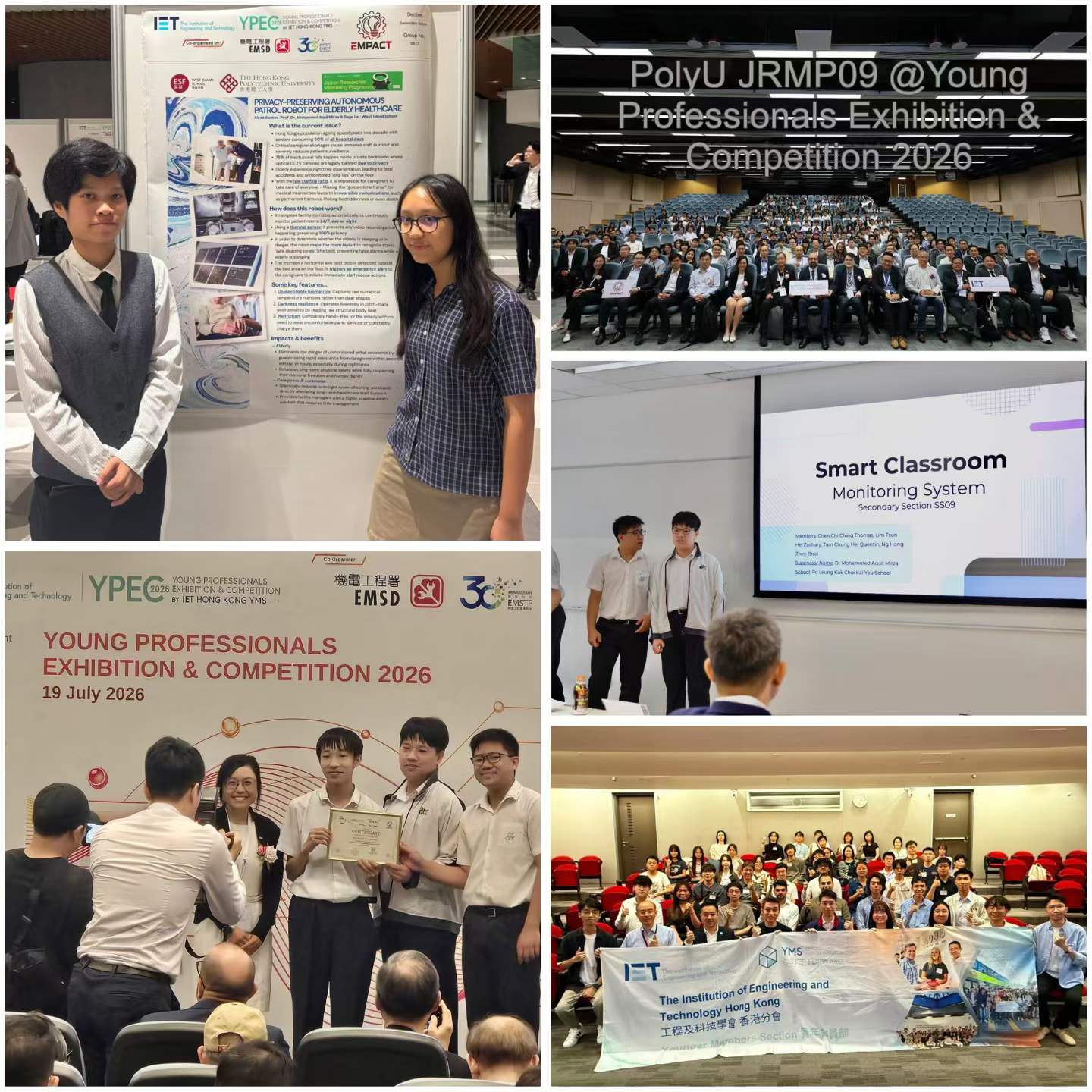 JRMP Group 09 at IET YPEC 2026 — presenting "Privacy-Preserving Autonomous Patrol Robot for Elderly Healthcare" and "Smart Classroom Monitoring System", and receiving the My Favourite Poster Award